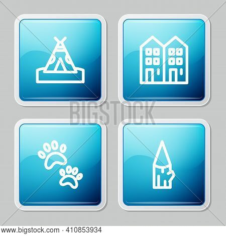 Set Line Indian Teepee Or Wigwam, House, Paw Print And Wooden Log Icon. Vector