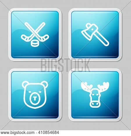 Set Line Ice Hockey Sticks And Puck, Wooden Axe, Bear Head And Moose With Horns Icon. Vector
