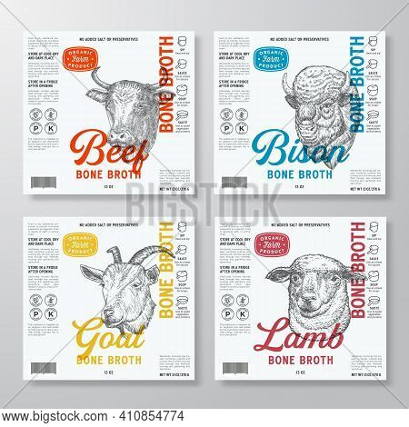 Bone Broth Label Templates Set. Abstract Vector Food Packaging Design Layouts Collection. Modern Typ