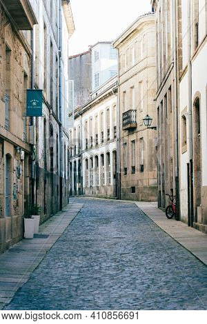 Santiago De Compostela, Spain - July 18, 2020: Street In Historical Centre Of Santiago De Compostela