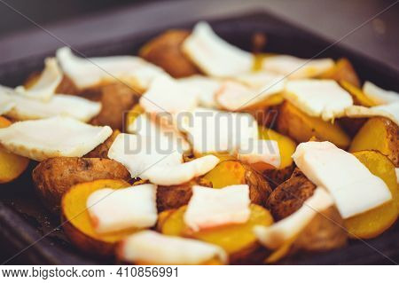 Baked Loaded Potatoes With Bacon, Homemade Simple Dish, Close-up