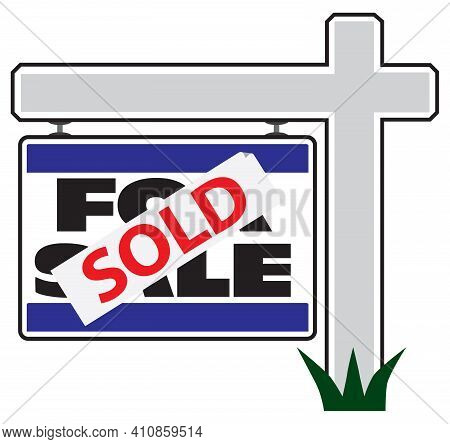 A For Sale Realty Sign Has A Sold Sticker Applied To The Front