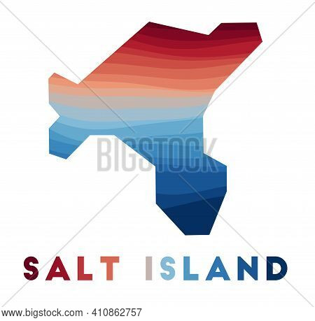 Salt Island Map. Map Of The Island With Beautiful Geometric Waves In Red Blue Colors. Vivid Salt Isl