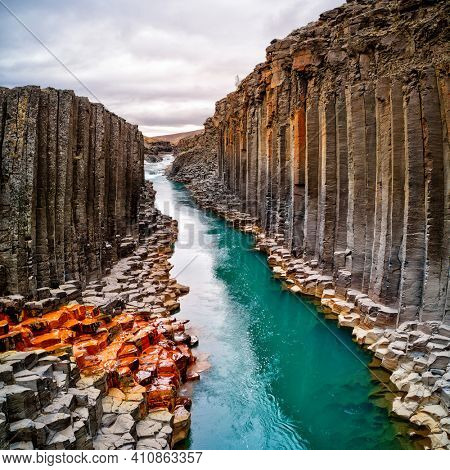 Breathtaking view of Studlagil basalt canyon, Iceland, Europe.