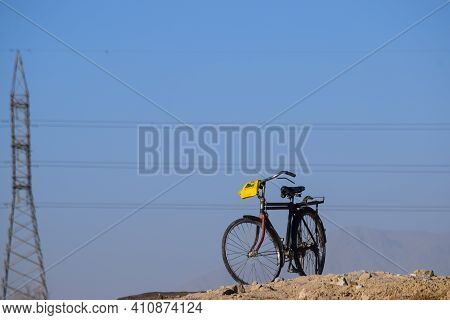Vintage Bicycle Standing Outside, Old Worker Cycle Outdoor Landscape Nature Grass Plants Bushes Quet
