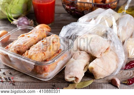 Prepack Frozen Stuffed Cabbage Roll Package Blowing (bagginess) Ready To Cooking. Frozen Food