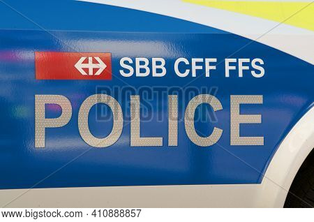 Bellinzona, Ticino, Switzerland - 25th February 2021 : Sbb Cff Ffs Police Sign On A Car Body. Sbb Cf
