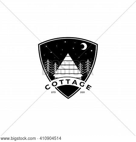 Forest Wooden Cottage Logo Vector Illustration Design Vintage Emblem
