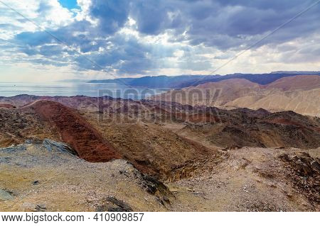 View Of Mount Tzfahot And The Gulf Of Aqaba. Eilat Mountains, Southern Israel And Egypt