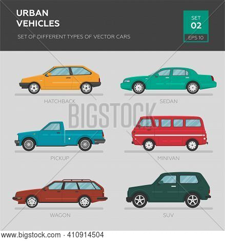 Urban Vehicles. Set Of Different Types Of Vector Cars: Sedan, Hatchback, Minivan, Pickup, Suv, Vagon