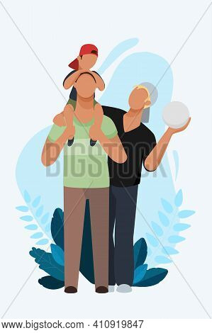 A Father Is Holding His Young Son On His Shoulders, With A Second Father Standing Beside Him. Two Fa
