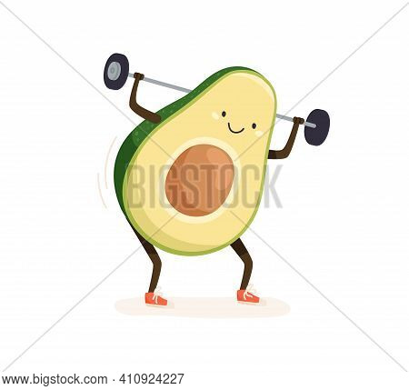 Cute And Funny Avocado Doing Sports Exercises With Weight. Smiling Comic Fruit Squating And Lifting 