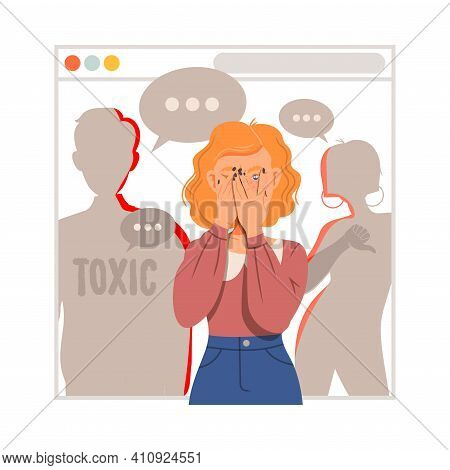 Young Female As Victim Of Cyberbullying Suffering From Violence And Hatred From Social Media Vector 