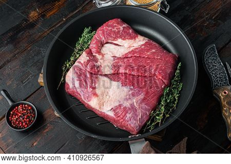 Brisket Flat Cut, Raw Beef Brisket Meat Set, On Old Dark  Wooden Table Background