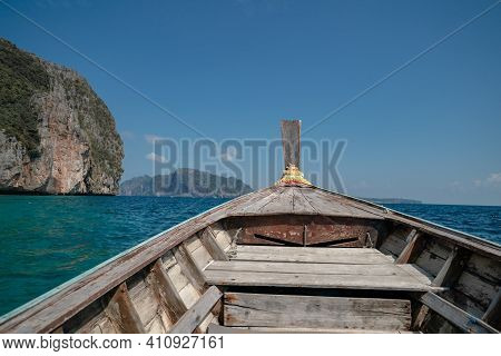Landscape Of Phi Phi Leh Island With Longtail Boat For Travel. Andaman Sea, Krabi, Phuket  Thailand.