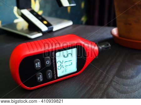 Hygrometer For Measuring Air Humidity, Close-up And Details. A Device For Measuring Humidity And Tem