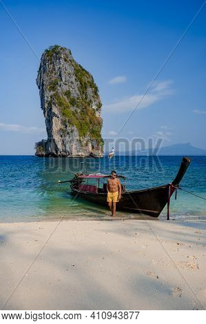 Koh Poda Island Thailand, Couple Mid Age Asian Woman And European Man On The Beach, Koh Poda Thailan