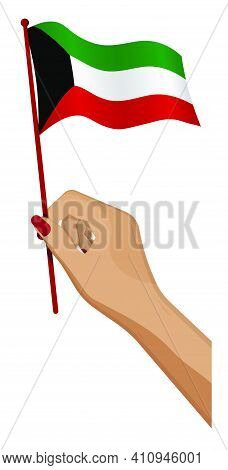 Female Hand Gently Holds Small Kuwait Flag. Holiday Design Element. Cartoon Vector On White Backgrou