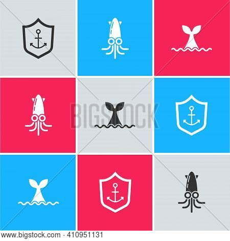 Set Anchor Inside Shield, Octopus And Whale Tail Ocean Wave Icon. Vector