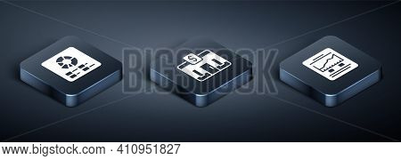 Set Isometric Pie Chart Infographic, Website With Growth And Bank Building Icon. Vector