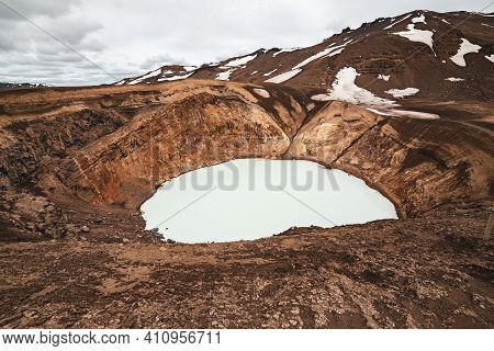 Viti Sulfur Lake In Caldera Of Askja Volcano Crater In Iceland, Travel North Landscape. Panoramic Vi