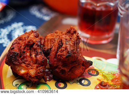 Close Up Image Of A Piece Of Fried And Roasted Chicken Tandoori Breast Piece.its A North Indian Star