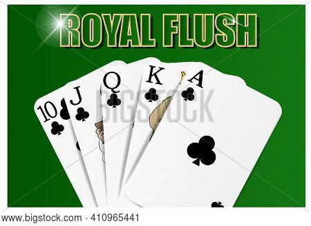 Clubs Royal Flush Hand Of Cards, Hearts Suit, On Playing Baize, Close-up. Vector For Casino Apps And