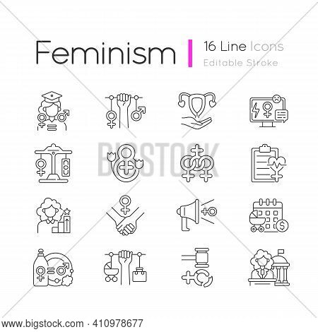Women In Government Linear Icons Set. Paid Maternity Leave. Feminism. Equal Education Opportunities.