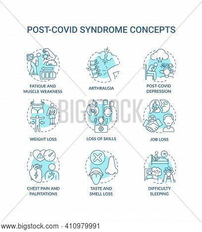 Post-covid Syndrome Concept Icons Set. Disease Damage Lungs, Heart And Brain Idea Thin Line Rgb Colo