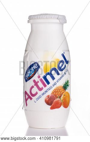 Lviv, Ukraine - June 16, 2020: Actimel Yogurt In A Jar On A White Background