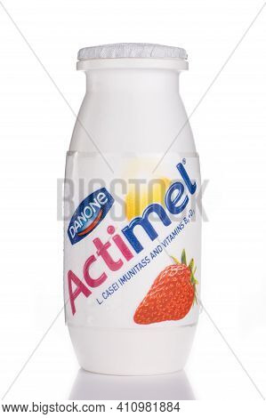 Lviv, Ukraine - June 16, 2020: Actimel Yogurt In A Jar On A White Background