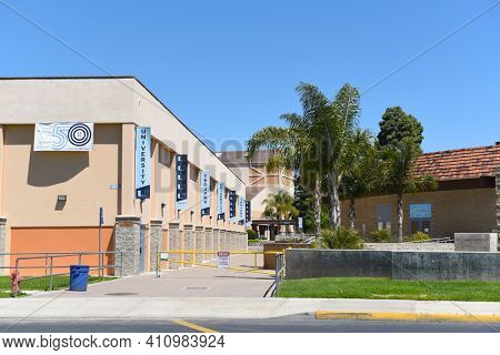 IRVINE, CALIFORNIA - 16 APRIL 2020: Gymnasium and banners at University High School, The first high school in Irvine, is a top rated public school in Orange County.