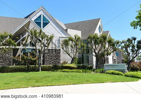 IRVINE, CALIFORNIA - 16 APRIL 2020: Sign at Shepherds Grove Presbyterian Church, lead by Senior Pastor Bobby Schuller.