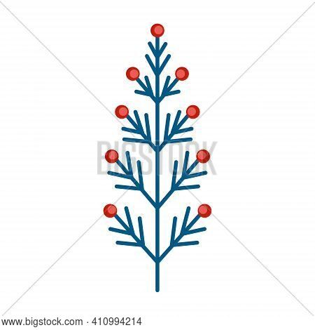 Simple Minimalistic Blue-green Branch With Red Berries. Floral Collection Of Elegant Plants For Seas