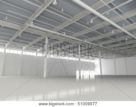 New Modern Empty Storehouse. Huge Light Empty Storehouse