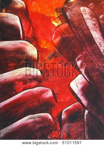 Abstract hand drawn paint background: red and brown futuristic patterns. Great for art texture, grunge design, and vintage paper