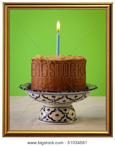 Chocolate Birthday Cake Burning Candle Golden Frame