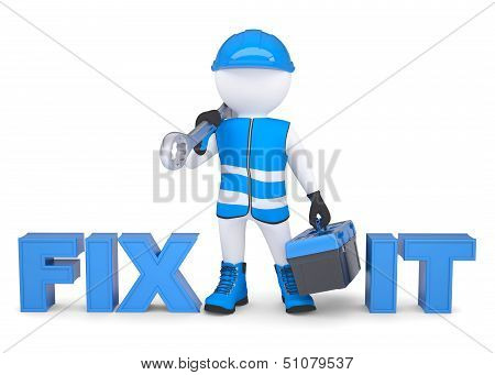 3d man with wrench and tool box