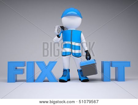 3d man with wrench and tool box