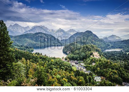 Bavarian Alps of Germany at Hohenschwangau Village and Lake Alpsee.