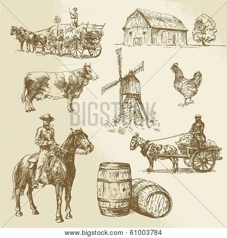 rural landscape, farm - hand drawn windmill 