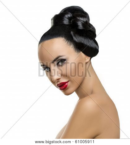High Fashion Model Girl Portrait with Trendy Fringe Hair style and Makeup.
