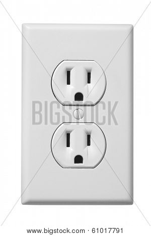 White electrical outlet faceplate on white background