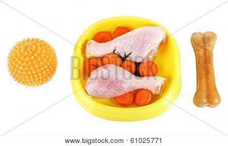 Natural food for pets in plastic bowl isolated on white