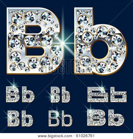 Ultimate vector alphabet of diamonds and platinum ingot. Six options. Letter b