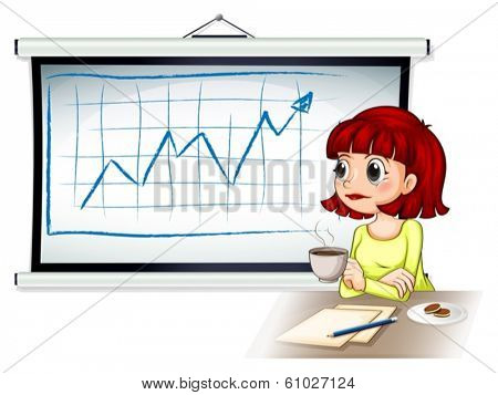Illustration of a business icon drinking coffee in front of the board on a white background