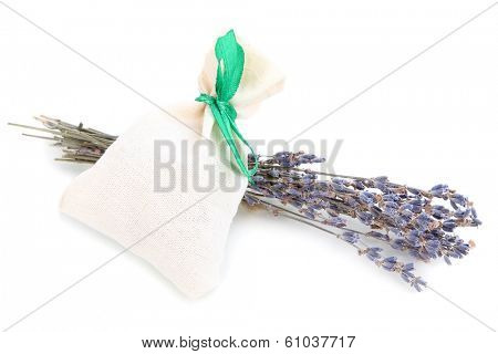 Textile sachet pouch with dried lavender flowers isolated on white