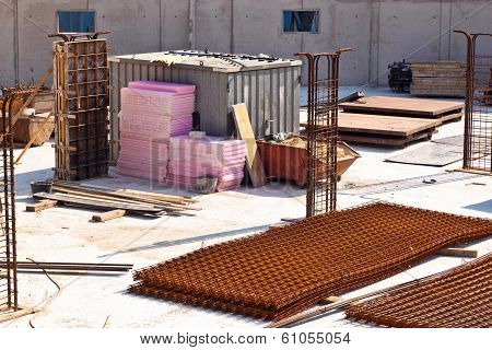 Material At A Construction Site For The Base Of A New House
