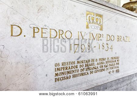 Lisbon, Portugal - September 15, 2013: Tomb of the 1st Emperor of Brazil, Pedro I (IV of Portugal). Royal Pantheon of the House of Braganza. Sao Vicente de Fora Monastery. Lisbon.