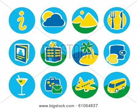 Twelve round icons for a travel
